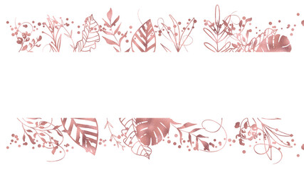 Watercolor plants with rose gold leaves and grasses. Background with floral elements, botanical watercolor illustration with rose gold splashes and Design background.