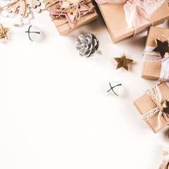 Festive Christmas background with gift boxes and Christmas decorations