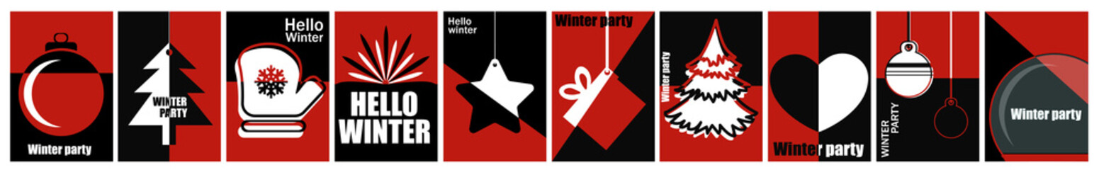 Set of Christmas and New Year holiday cards, banner, web poster, flyer, brochure, greeting cards, group bright covers. Black and red design. Vector