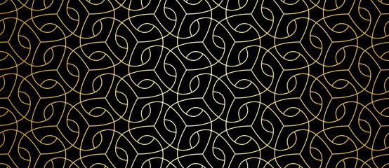 Seamless lace pattern with golden thin curl lines and scrolls. Monochrome abstract floral pattern. Decorative lattice in Arabic style. Endless thread and loops.