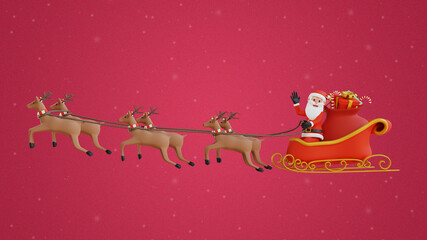3d render santa flying reindeer sleight merry christmas greeting background