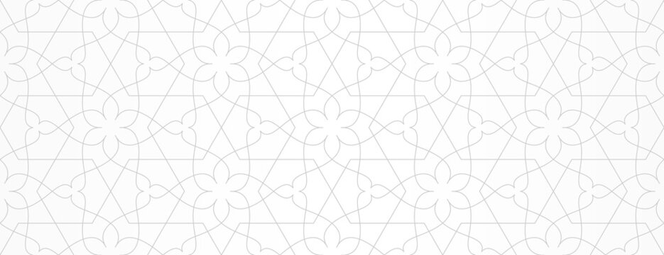 Pattern with thin lines and scrolls on white background. Monochrome abstract floral linear texture. Seamless ornamental design. Vector design for swatches, fabric, wrapping in Arabic style.