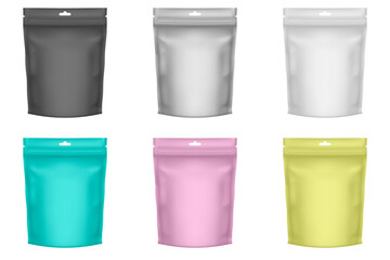 Set of 6 realistic Zip Package. Flexible doy pack. Black, silver, white, green, pink and yellow foil bags. Plastic sachet pouch for coffee, candy, shack or nuts. Zipper food bag. Doypack