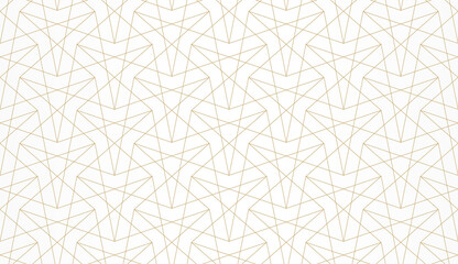Pattern with golden lines and polygons on white background. Vector Stylish abstract geometric diamond texture for jewelry design. Seamless linear pattern for fabric, textile and wrapping.