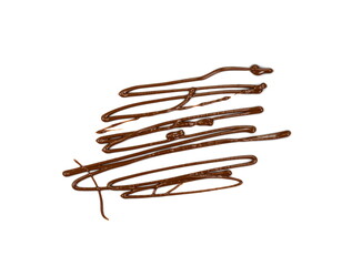 Chocolate syrup drop isolated on white background. Decorative hot chocolate line for dessert isolated on white background Top view