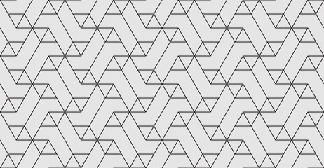 Obraz premium Pattern with thin straight lines and geometric shapes. Seamless abstract monochrome linear texture. Vector hexagonal background. Linear graphic design for print, fabric, wrapping. Decorative lattice.