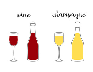 Glasses and bottles of champagne and red wine isolated. Outline doodle design. Vector illustration