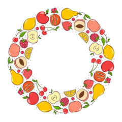 Hand drawn fruit and berries wreath isolated on white background