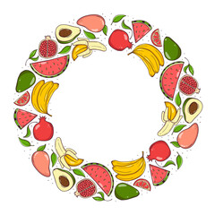 Hand drawn fruit and berries wreath isolated on white background