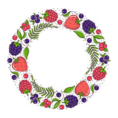 Hand drawn fruit and berries wreath isolated on white background