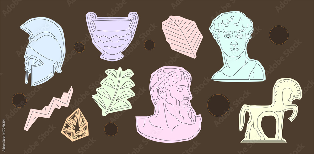 Wall mural Antique statues set. Collection of stickers with plaster busts of various historical persons. History, leaders, charismatic people. Cartoon flat vector illustrations isolated on brown background