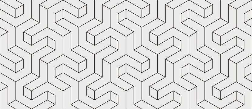 Pattern with thin lines and polygons forming a 3D surface. Vector abstract geometric diamond texture. Seamless linear pattern for fabric, textile and wrapping. Trendy monochrome background.
