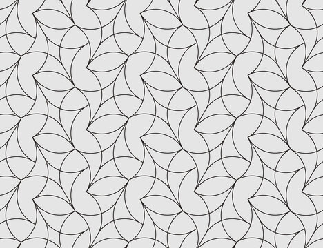 Pattern with thin arc lines and scrolls on grey background. Monochrome abstract floral linear texture. Seamless ornamental design. Vector design for swatches, fabric, wrapping in Arabic style.