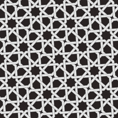 Pattern with intersecting stripes, poly lines, polygons and stars. Seamless Abstract ornament in Arabic style. Monochrome design for fabric, textile and wallpaper. Geometric trendy decorative lattice.