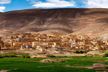 Images of Morocco. Cultivated fields and village of the upper Dades Valley, in the Atlas Mountains.
