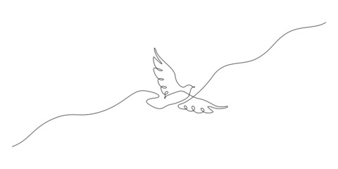 One continuous line drawing of flying up dove. Bird symbol of peace and freedom in simple linear style. Mascot concept for national labor movement icon isolated on white. Doodle vector illustration © Olga Rai