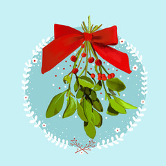 Illustration of a sprig of mistletoe with red bow and floral laurel.