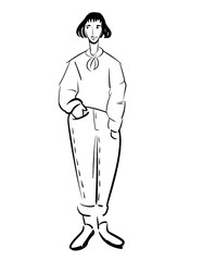 black and white sketch of a woman in a sweater and jeans. you can use this for fashion magazines, books, postcards, stickers and advertisements