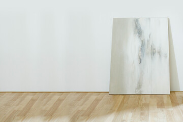 Wnętrze - biała ściana, drewniana podłoga, obraz, tło do fotografii produktowej