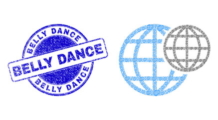 Vector space globes icon collage is done from scattered recursive space globes icons. Belly Dance dirty blue round stamp seal. Recursive composition from space globes icon.