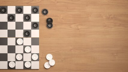 Black and white checkers - competition, game sports match. Advertising poster for children's checkers club. 3d render illustration 