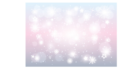 Fototapeta na wymiar Christmas background. Festive vector illustration with shiny white snowflakes and stars, dots and snow on a pastel pink background. Decorative and greeting banner, svreensaver.