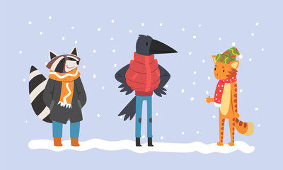 Animals Wearing Warm Winter Clothes Walking in Snowy Weather Vector Set