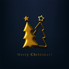 Cute 3D vector Christmas greeting card with two golden Christmas trees on dark night background. 