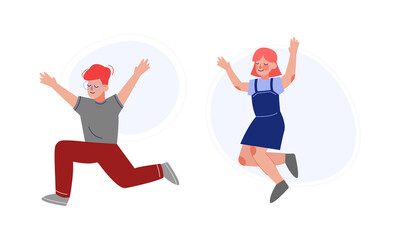 Positive Boy and Girl Jumping with Joy and Excitement Rejoicing Vector Set