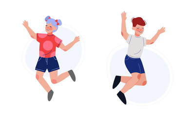 Positive Boy and Girl Jumping with Joy and Excitement Rejoicing Vector Set