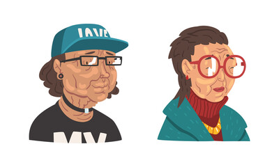 Stylish Senior Man and Woman Hipster Wearing Glasses Vector Set