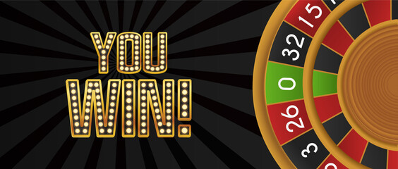 You win banner. Roulette game. Graphic elements for site with slot machines. Banner for people, prize for happy customers, special offer for regular users, discounts. Cartoon flat vector illustration