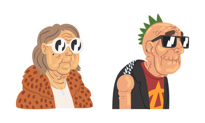 Fototapeta premium Stylish Senior Man and Woman Hipster Wearing Glasses Vector Set