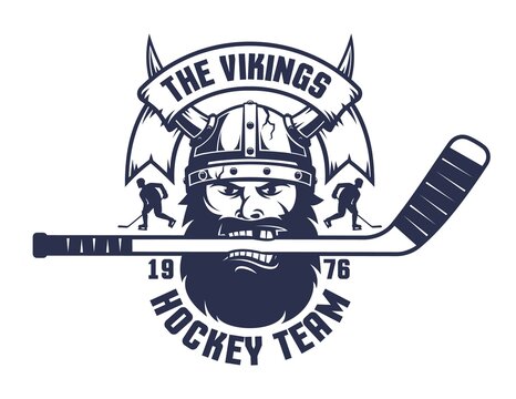Hockey logo with viking head wearing helmet. Viking hockey team. Vector illustration.