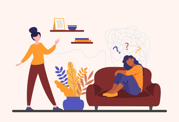 Concept of psychotherapy. Girl sits on couch and asks questions. Internal problems, depression, help from friend. Upset, sad, crying, unhappy, indoor, apartment. Cartoon flat vector illustration