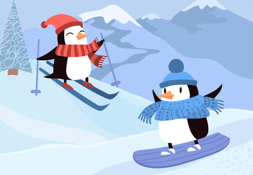 Penguins by ski. Characters resting, extreme sports. Pictures for children, wallpaper for phone. Nature, arctic, fauna, wildlife, animals having fun in snow. Cartoon flat vector illustration