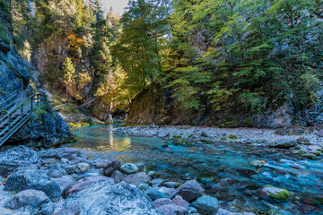 Panorama and details of the Slizza ravine in Autumn. Tarvisio.