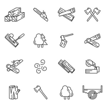 A set of icons related to processing, felling and logging. Simple linear images of the process of harvesting wood, cutting trees, blanks and more. Isolated vector on white background.