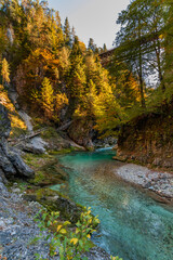 Panorama and details of the Slizza ravine in Autumn. Tarvisio.