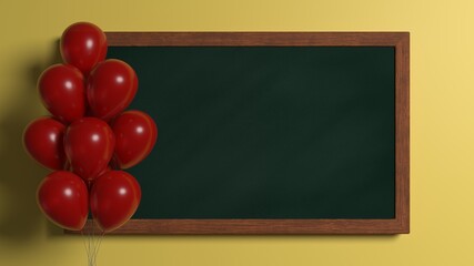 Green chalkboard on yellow clasroom wall and red balloons. 