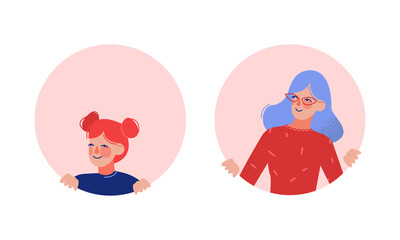 Young Woman Looking Out of Round Frame Vector Set