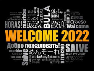 WELCOME 2022 word cloud in different languages, conceptual background