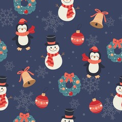 Christmas pattern with snowmans, penguins, bells and wreaths. Festive background with hand drawn elements, vector illustration