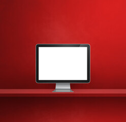 Computer pc on red shelf background