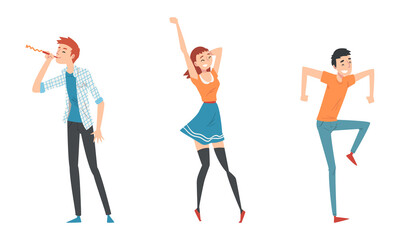Cheerful Man and Woman Dancing and Blowing Whistle Having Party Vector Set