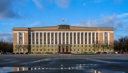 Naklejka premium Facade of the building of the House of Soviets on Sofia Square in Veliky Novgorod.