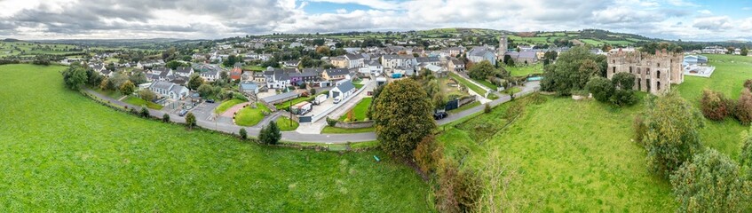 Fototapeta na wymiar Aerial view of the Skyline of the historic town of Raphoe and the castle remains in County Donegal - Ireland - All brands and logos removed