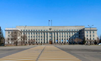 View of the facade of the building of the House of Soviets on Speransky Square in Irkutsk.