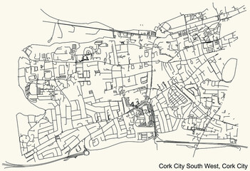 Fototapeta na wymiar Detailed navigation urban street roads map on vintage beige background of the district Cork City South West Electoral Area of the Irish regional capital city of Cork City, Ireland