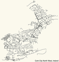 Detailed navigation urban street roads map on vintage beige background of the district Cork City North West Electoral Area of the Irish regional capital city of Cork City, Ireland